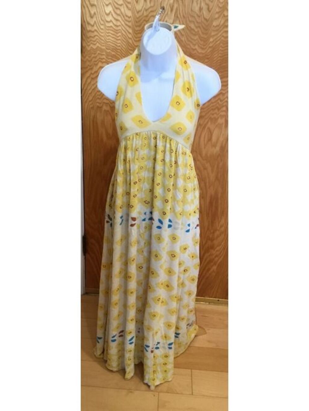 Diane von Furstenberg Franz Yellow Linen & Silk Halter Maxi Dress Size 8